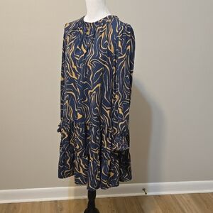 Nine West Blue and Gold Long Sleeve Dress